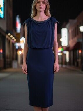 NWT $130 Chaya Chic Navy Beaded-Edge Bloussen Midi Dress - Women Sz 8